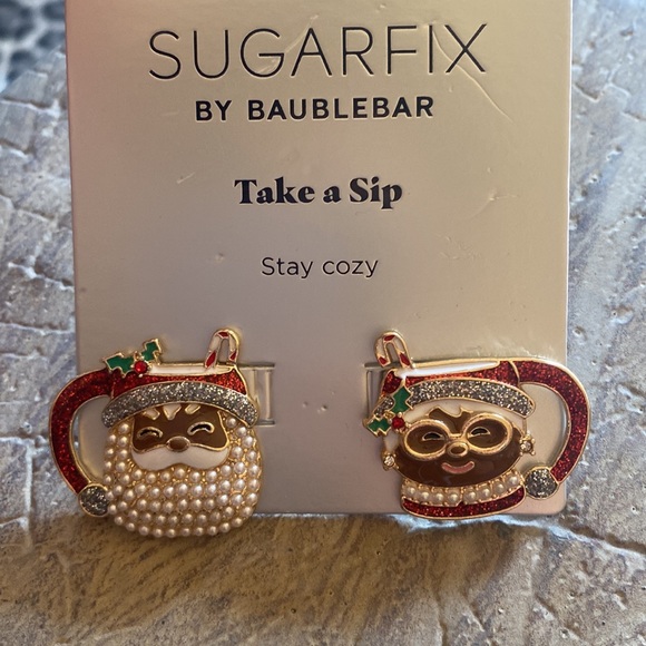 SUGARFIX by BaubleBar Cup Of Cheer Merry Mug Santa Mrs Claus Statement Earrings - Picture 9 of 10